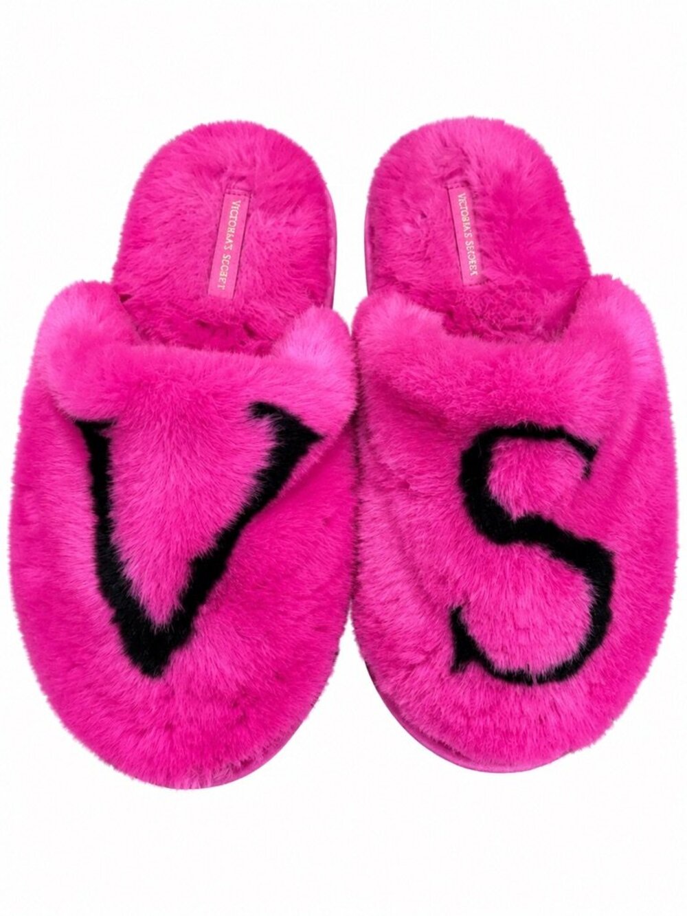 Victoria’s Secret Pink Fuzzy Logo Slippers Women’s Small S Hot Pink Black VS